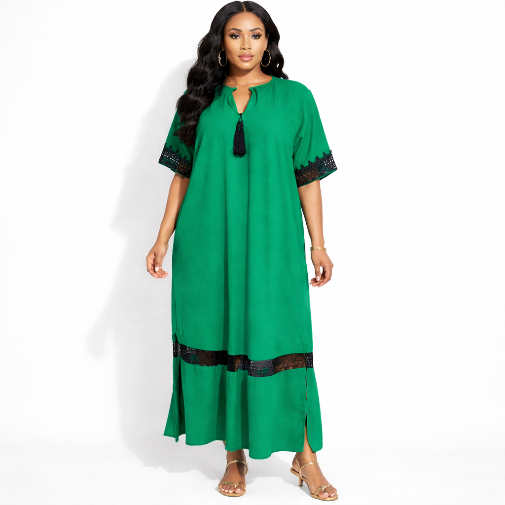 Emerald Lace Accent Tassel Maxi Gown